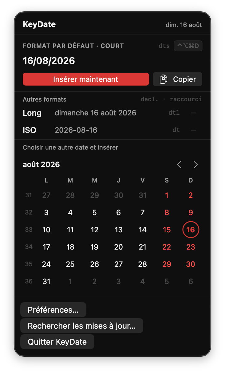 Popup KeyDate en mode sombre