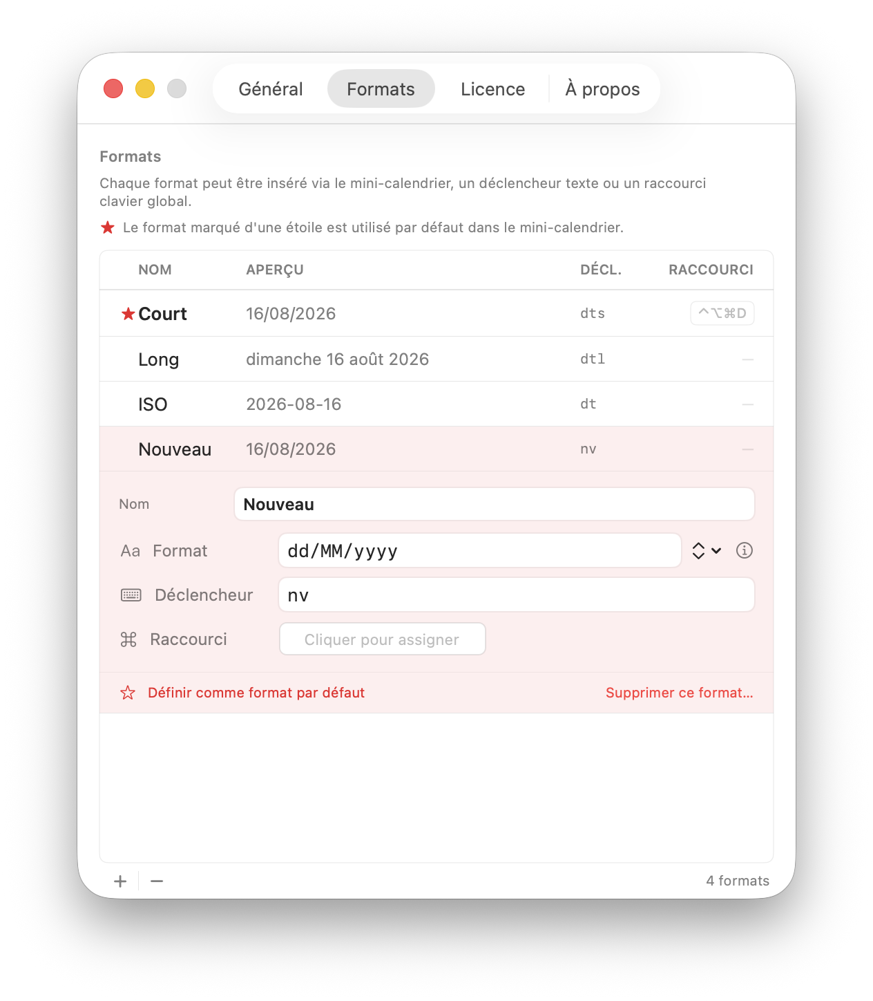 Préférences KeyDate, onglet Formats : liste des formats avec déclencheurs et raccourcis, éditeur de format ouvert
