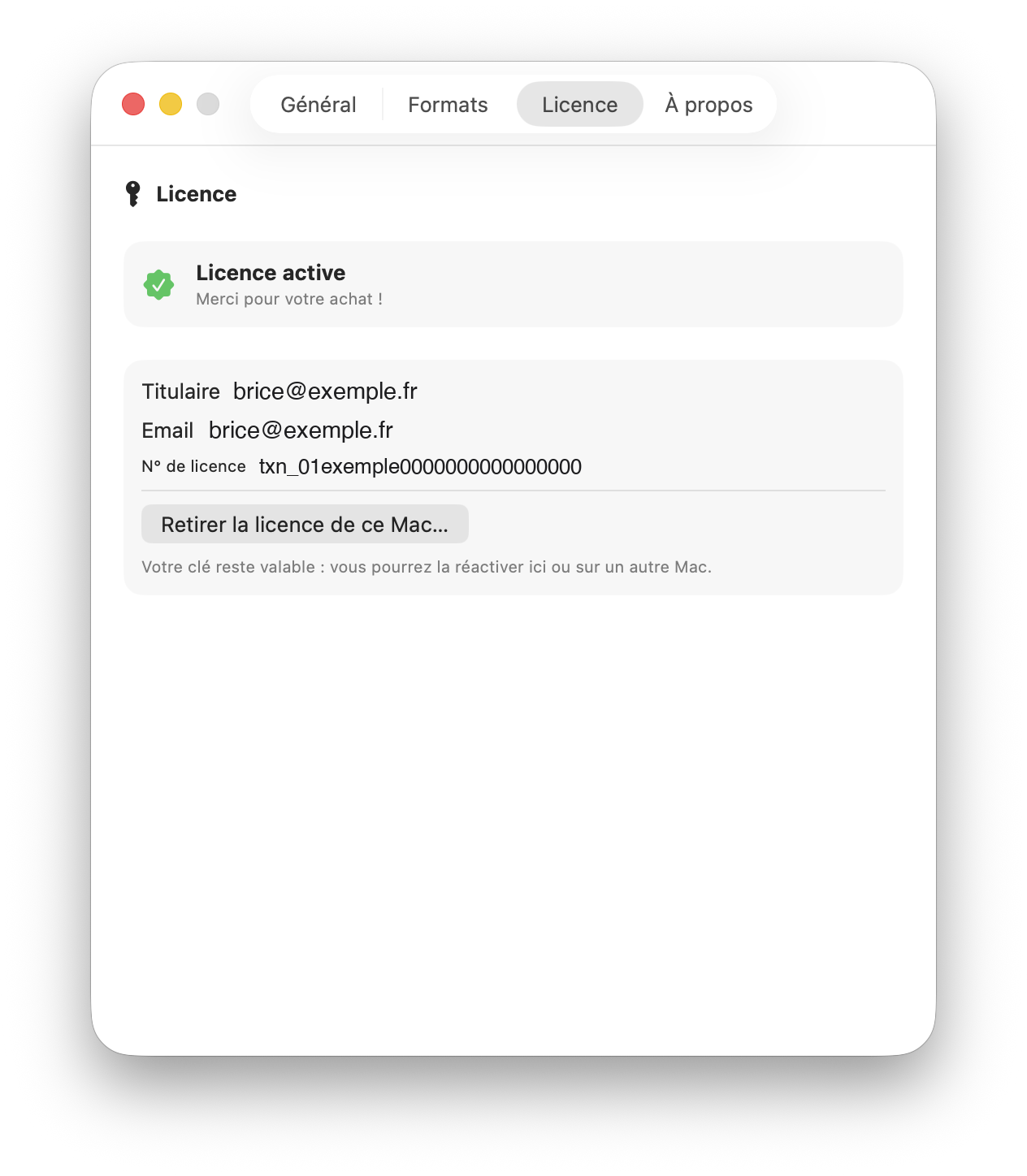 Préférences KeyDate, onglet Licence : licence active avec titulaire, email et numéro, bouton de retrait